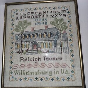 Framed Cross Stitch Art with House Design vintage William Burg tavern